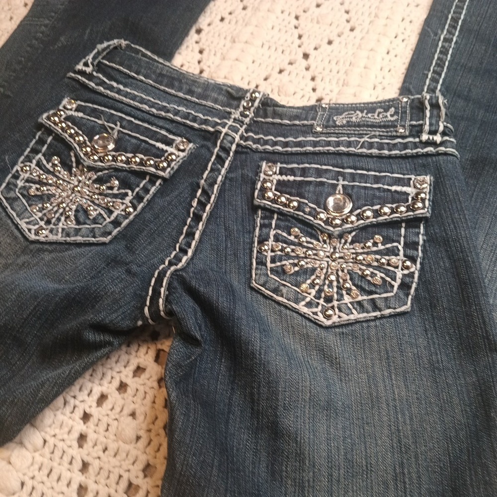 L.A. Idol Womens 3 Thick Stitch Crystal Rhinestone Studs Bootcut Blue Denim Y2K